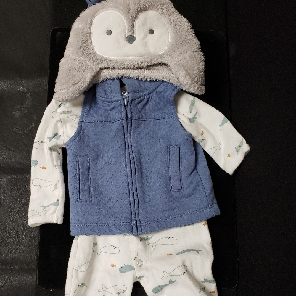 Carter's Boy Onesie with Just One You Zip Vest w Hood & Penguin Hat, 0-3 Months